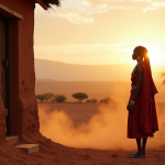 Femme Himba en tenue traditionnelle devant sa maison en Namibie