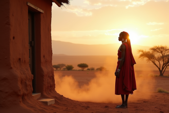 Femme Himba en tenue traditionnelle devant sa maison en Namibie