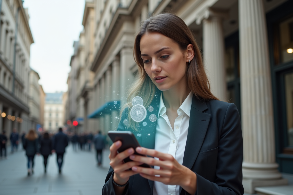 Femme regardant un smartphone avec un hologramme de crypto