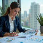Femme professionnelle examine rapport ESG dans un bureau moderne