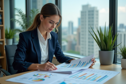 Femme professionnelle examine rapport ESG dans un bureau moderne