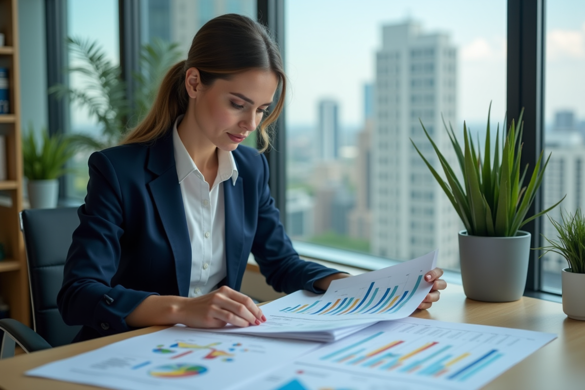 Femme professionnelle examine rapport ESG dans un bureau moderne