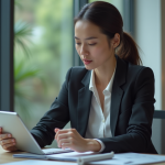 Femme d affaires analysant un portefeuille sur tablette