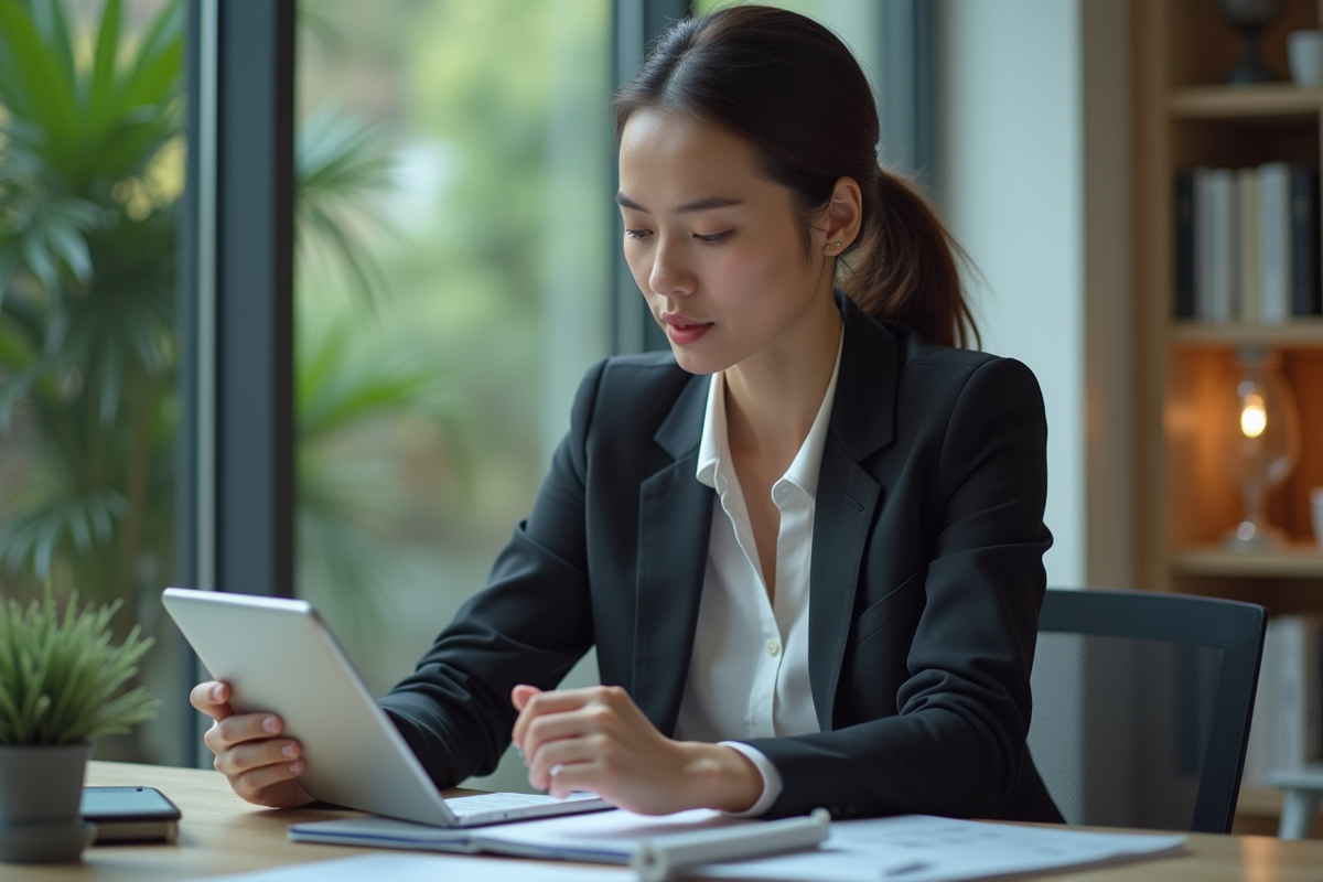 Femme d affaires analysant un portefeuille sur tablette