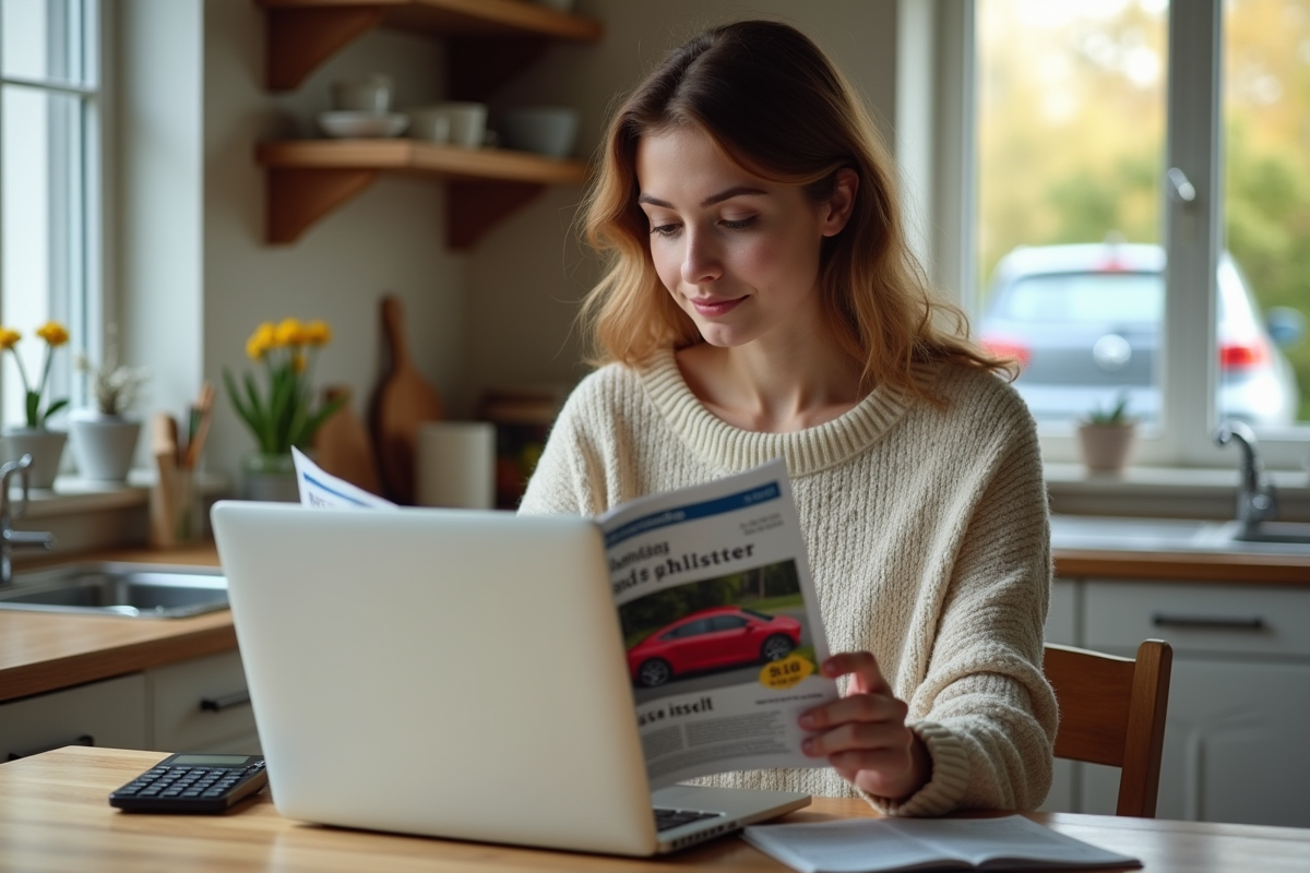 Jeune femme regarde un magazine auto en pensant à son achat voiture