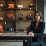Femme élégante dans une boutique de luxe contemplant des sacs