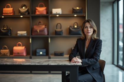 Femme élégante dans une boutique de luxe contemplant des sacs