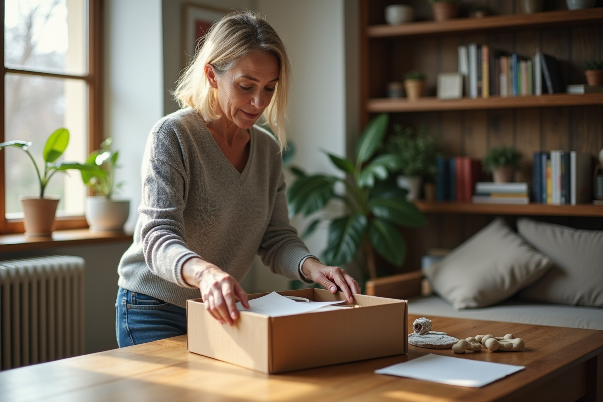 Femme contemplant des souvenirs d'enfance sur une table lumineuse