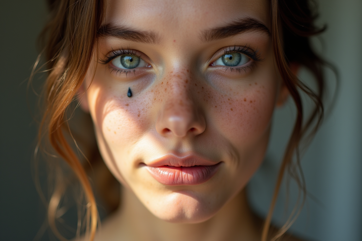 Femme au visage clair et tatouage larme sous l