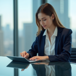 Jeune femme d'affaires examine des données sur une tablette
