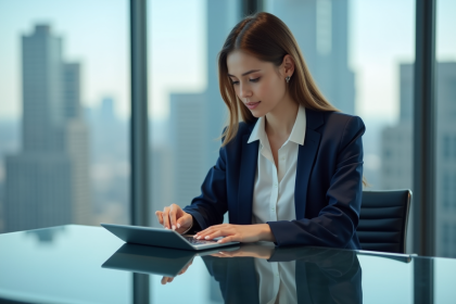 Jeune femme d'affaires examine des données sur une tablette