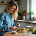 Femme préparant une salade avec saumon grillé dans une cuisine moderne