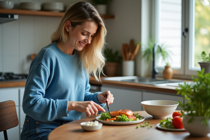 Femme préparant une salade avec saumon grillé dans une cuisine moderne
