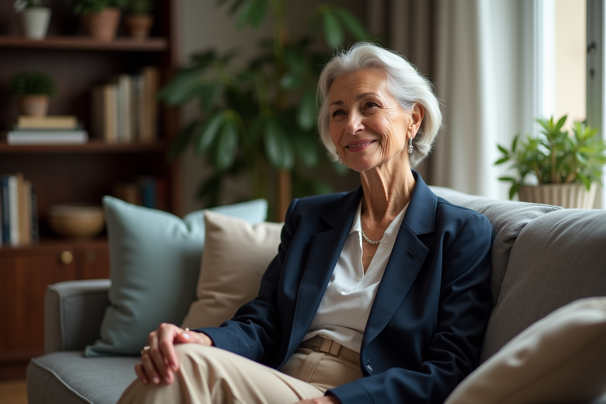 Femme sophistiquée assise dans un salon moderne