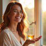 Femme souriante tenant vitamine D3 au naturel