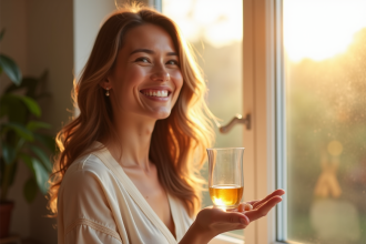 Femme souriante tenant vitamine D3 au naturel