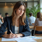 Jeune femme en coworking contemplant un document