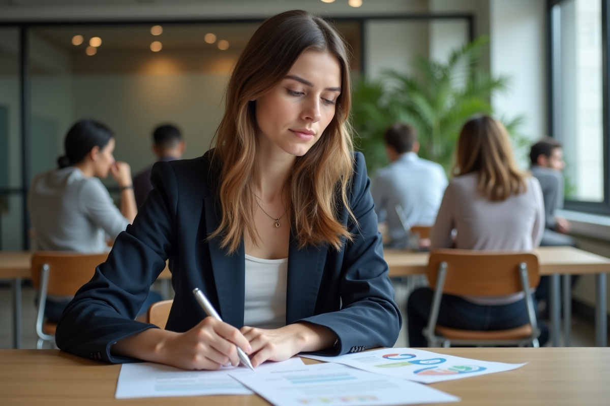 Jeune femme en coworking contemplant un document