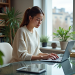 Jeune femme travaillant sur son ordinateur dans un bureau lumineux