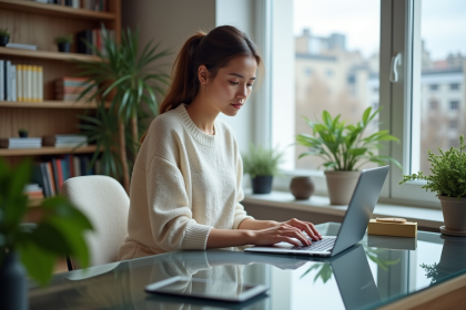Jeune femme travaillant sur son ordinateur dans un bureau lumineux