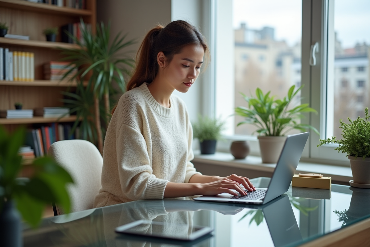 Jeune femme travaillant sur son ordinateur dans un bureau lumineux