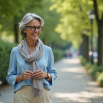 Femme élégante de 60 ans dans un parc urbain en été