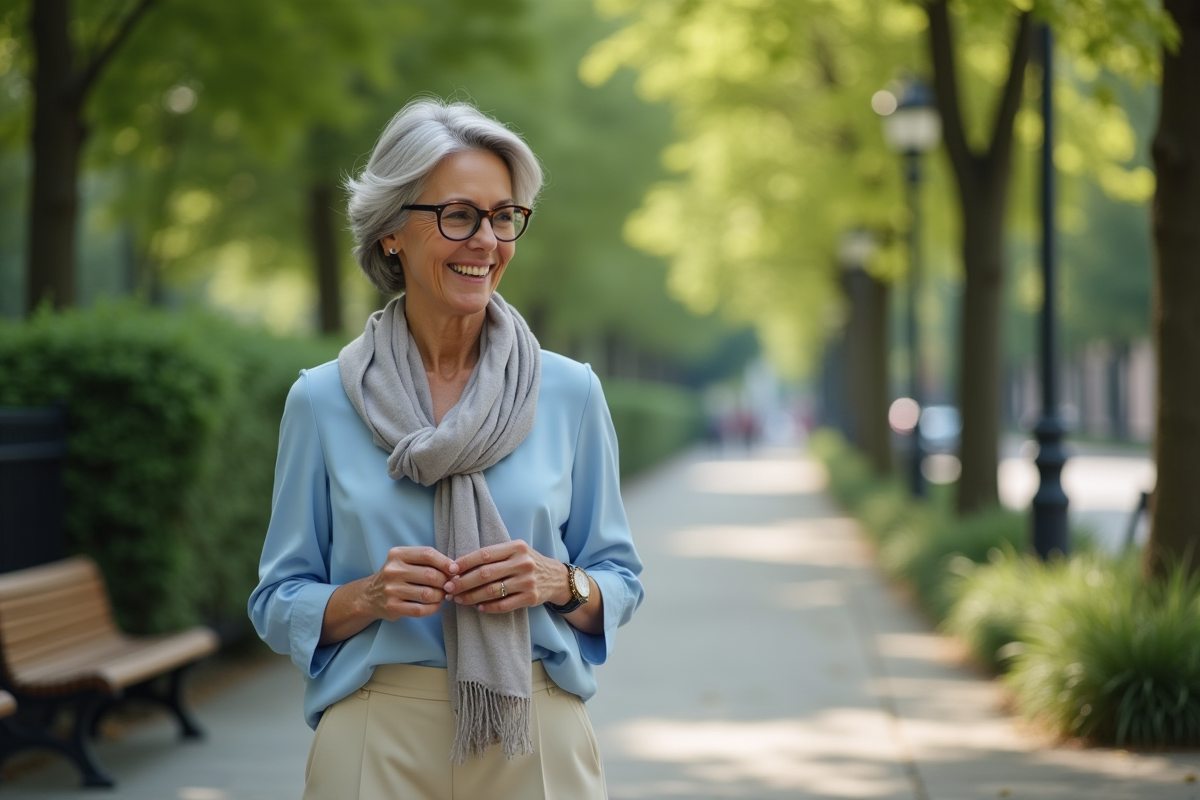 Femme élégante de 60 ans dans un parc urbain en été