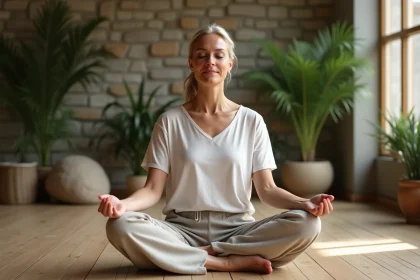 Femme méditant en yoga dans un studio calme et naturel