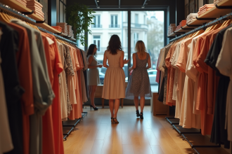 Femmes françaises faisant du shopping dans une boutique parisienne