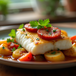 Assiette de filet de cabillaud avec chorizo doré et légumes