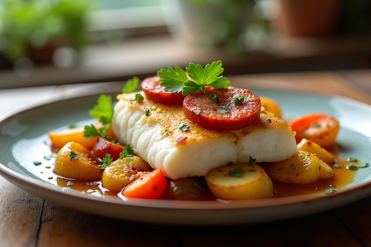 Assiette de filet de cabillaud avec chorizo doré et légumes