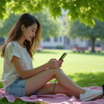 Jeune femme assise dans un parc avec chargeur solaire