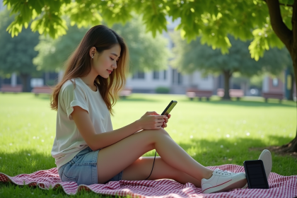 Jeune femme assise dans un parc avec chargeur solaire