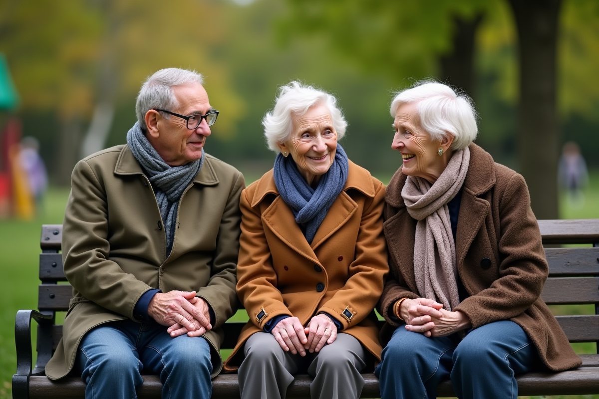 Trois frères et sœurs âgés discutant sur un banc dans un parc