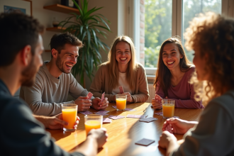 Groupe d'amis jouant à un jeu de société en journée