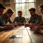 Groupe d'amis jouant à des jeux de cartes stratégiques