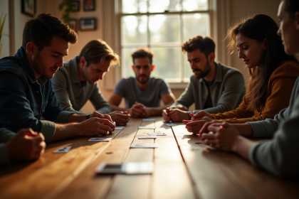 Groupe d'amis jouant à des jeux de cartes stratégiques