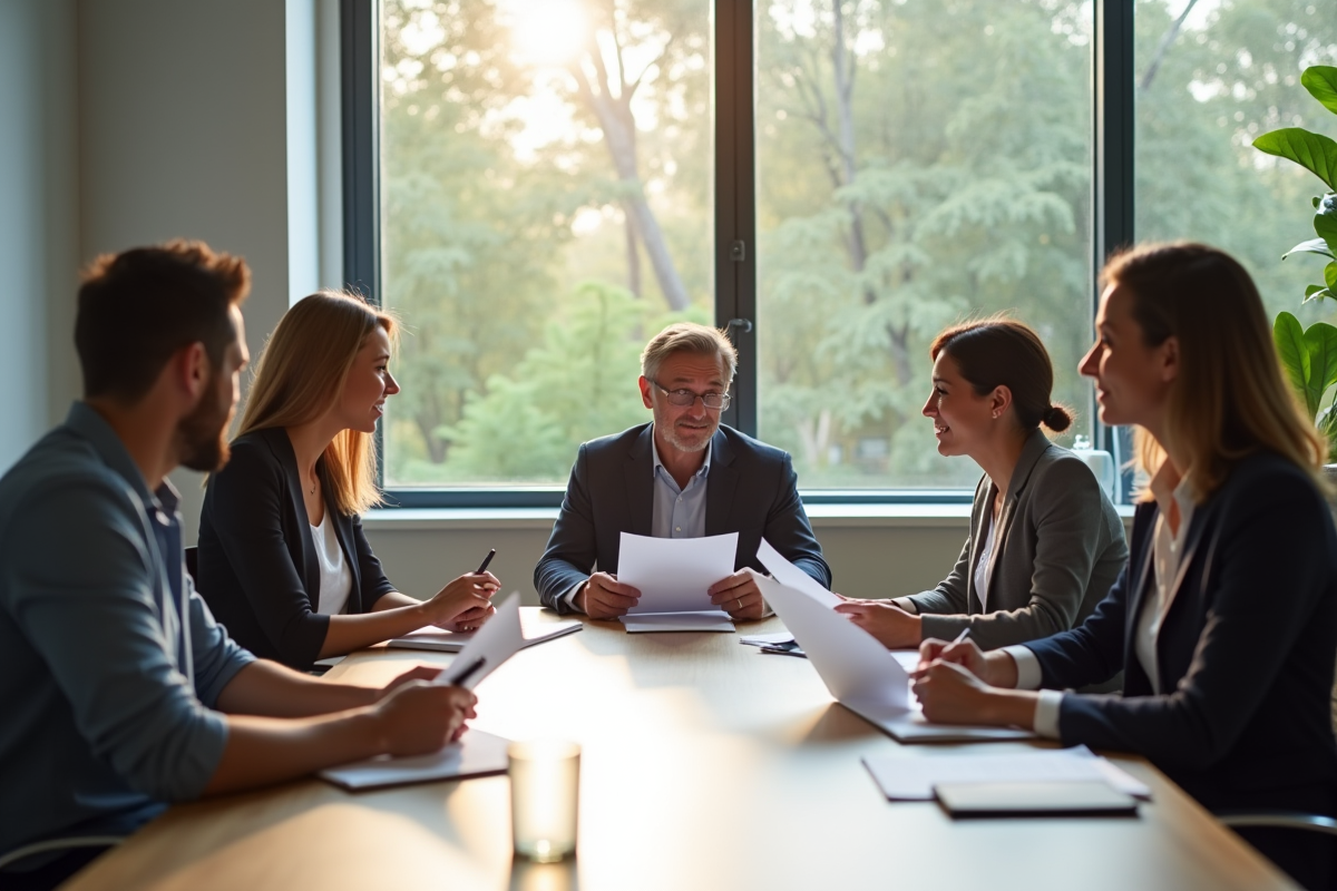 Groupe de travailleurs de bureau discutant autour d'une table