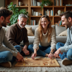 Groupe d'adultes jouant à un jeu de société dans un salon chaleureux