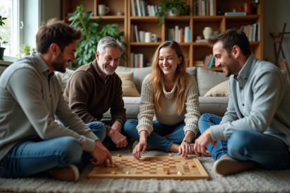 Groupe d'adultes jouant à un jeu de société dans un salon chaleureux