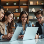 Groupe de jeunes professionnels en réunion dans un bureau moderne