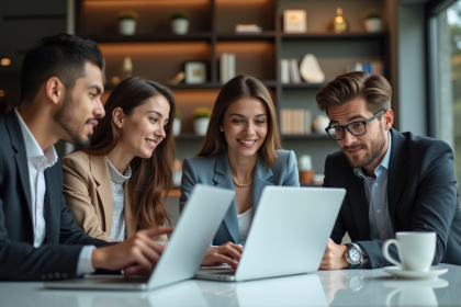 Groupe de jeunes professionnels en réunion dans un bureau moderne