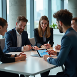 Groupe de jeunes professionnels discutant autour d'une tablette