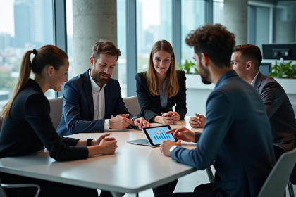 Groupe de jeunes professionnels discutant autour d'une tablette