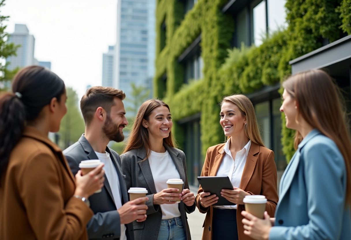 Groupe de jeunes professionnels discutant devant bâtiment écologique