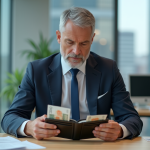 Homme d'affaires examinant ses portefeuilles en euros et dollars