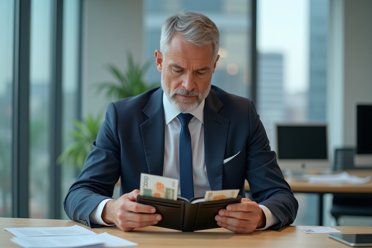Homme d'affaires examinant ses portefeuilles en euros et dollars