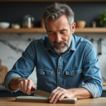 Homme d'âge moyen affûtant un couteau de cuisine avec pierre