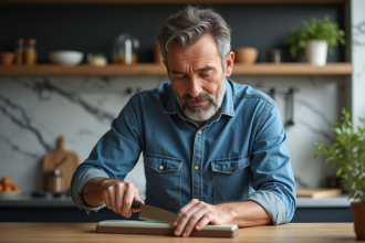 Homme d'âge moyen affûtant un couteau de cuisine avec pierre