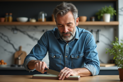 Homme d'âge moyen affûtant un couteau de cuisine avec pierre